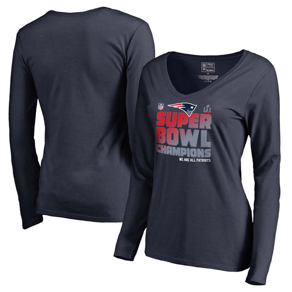 New England Patriots Pro Line by Fanatics Branded Women's Super Bowl LI Champions Trophy Collection Locker Room Alternate V-Neck Long Sleeve T-Shirt - Navy